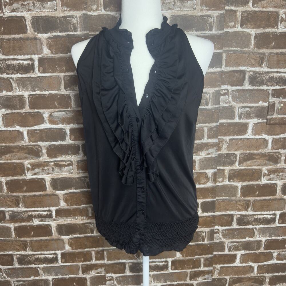 Chances R Ruffle Front Black Sleeveless Blouse Button Up M